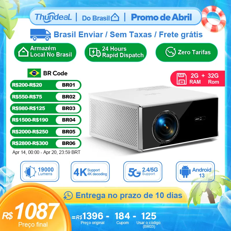 [Envio Do Brasil] Projetor Thundeal Tda7w, 1080p Nativo, Selado, Android 13, Wifi 6, Suporte 4k, 19 Mil Lumens